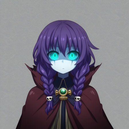 mana_sk style, portrait, focus on face, a mysterious necromancer girl with dark violet hair in intricate braids and glowing teal eyes, wearing a skull-shaped brooch and a high-collared cloak covered in arcane patterns, her expression calm and commanding, faint ghostly wisps swirling around her, Japanese RPG style, haunting and magical atmosphere, intricate details on her brooch and cloak