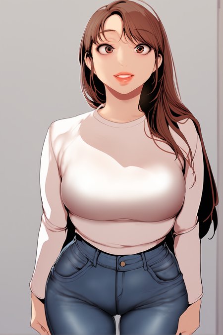 <lora:XL_SookYoung_BNW:1> sookyoungdef, brown hair, brown eyes, long hair,
simple background, grey background,
looking at viewer, smile, large breasts, shirt, white shirt, pants, lips, jeans, blue pants, long sleeves, standing, score_9,score_8_up,score_7_up, source_anime,  detailed face