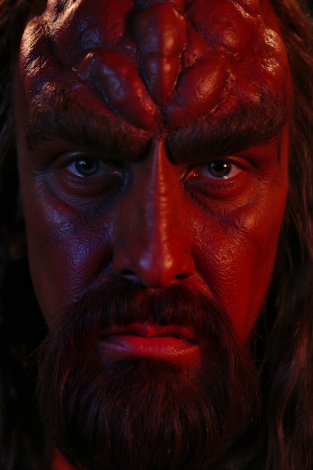 A hyper-realistic portrait, photorealistic photo close-up image of  A Klingon (photography, high-resolution, dynamic, energetic,hyper-realistic, dramatic lighting, shallow depth of field.)<lora:aidmaMJ6.1-FLUX-V0.1:0.6><lora:Movie_Portrait><lora:Flux DetailerV2><lora:klingon_FLUX:1.1>