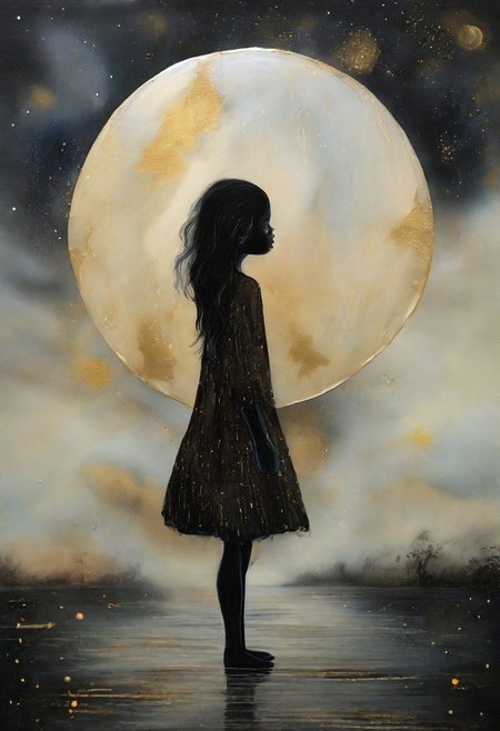surreal  landscape  wet oil and alcohol ink, thin black and gold lines, 3-D, textured, centered, delicate, fantasy, magical, mystical, fragile. a young girl who gazes at the starlit sky ,and the moon, complementary colors, fantasy concept art,wet oil and alcohol ink, thin black and gold lines, 3-D, textured, centered, delicate, fantasy, magical, mystical, fragile." style  like  lowbrowart   8k