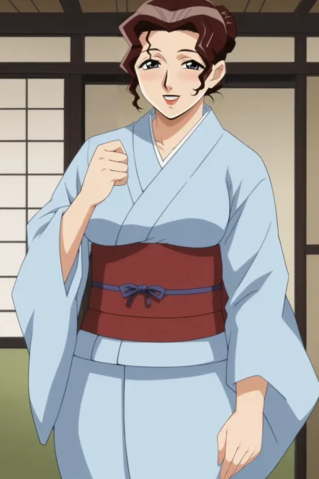 score_9,
1girl, solo, smile, 
Inmu2Ep2BsMOM, light blue kimono, mature female, style parody, black upper lip and red lower lip, 
 <lora:Inmu2Ep2BsMOM_V3:0.85>