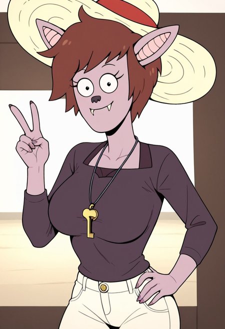 ((room background)),score_9, score_8_up, score_7_up,score_6_up, 
1girl, solo, furry, anthro bat, Stef_RS, light lilac skin, reddish brown, short hair, long pointy bat ears, small black nose, visible bat fangs, purple gray long-sleeved fitted blouse, white tight pants, red sandals, pendant with a golden key, white beach hat, big eyes, cute, tall stature, social smile, perfect eyes, perfect smile, looking at the viewer, detailed eyes, perfect eyes, standing, big breasts (front pose, bust shot) five fingers, perfect hands, (hand on hip, hand up, v sign)