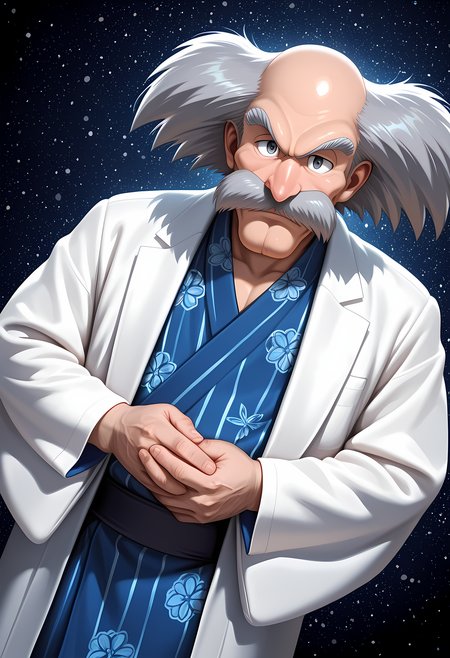 masterpiece, best quality, amazing quality, dutch angle, abstract background, BREAK
1boy, solo, male focus, old male, dr_wily, grey hair, mustache, grey eyes, yukata, japanese clothing, BREAK
<lora:cfg_scale_boost:.6>  <lora:Dr._Wily_-_Mega_Man_-_ILXL:1>
