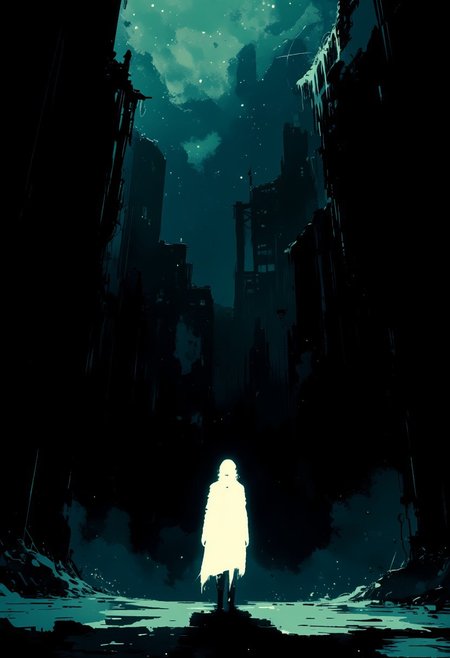 A stark, high-contrast vector illustration of a solitary white silhouette angled dynamically against a pitch-black void. The figure’s posture exudes quiet determination—head tilted downward, masterpiece, best quality, very aesthetic, absurdres, safe, Masterpiece,a beautiful underwater dystopian scenery with vines , liminal horror, darkness, small flies buzzing around,an scary image,light indigo and amber, dark white and turquoise, kimoicore, cybermysticsteampunk,Clean negative space and razor-thin gradients evoke achievement rising from struggle, balancing raw emotion with minimalist precision
