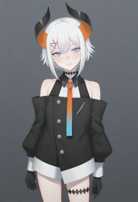 masterpiece, best quality, amazing quality,,, shiny skin,,,,,,,,nijilevi,,blue eyes,white hair,horn,pail skin,short hair,hairclip,nijilevicos,collared shirt,bare shoulder,gradient necktie,puffy long sleeves,white cuffs,black gloves,single thigh strap,