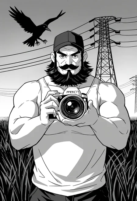 1boy, holding camera, white tank top, black shorts, upper body, darkness, monochrome, sketch, greyscale, looking at viewer, baseball cap, aiming at viewer,
field, utility pole, transmission tower, crow,
BREAK
<lora:Ximen_Hao_from_Shenbingxiaojiang_v1.0:1> large pectorals, thick arms,
ximenhao, mature male, thick mustache, beard, long sideburns, thick eyebrows,
BREAK
very awa, masterpiece, best quality, absurdres, newest, perfect quality, detailed background, intricate details,