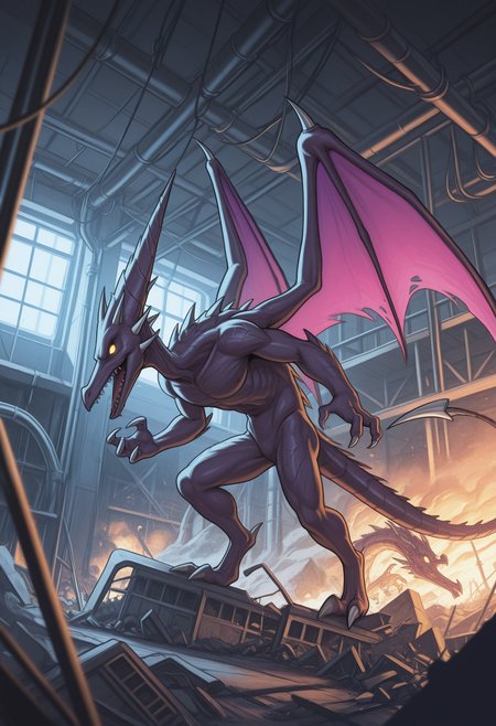 masterpiece,best quality,amazing quality, 1boy, solo,r1dl3y, dragon, purple wings, yellow sclera, tail, factory, destruction in background,