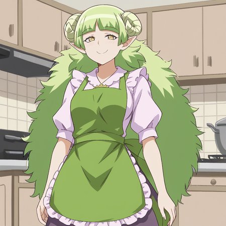 score_9, score_8_up, score_7_up, score_6_up, score_5_up, score_4_up, zPDXL2,source_anime,rating_questionable,  1girl, indoors, kitchen, smile, apron, <lora:Mrs.Valac:0.8> Ms.Valac_IrumaKun,  blunt bangs, green hair,long hair,  demon girl, demon horns, curled horns, pointy ears,