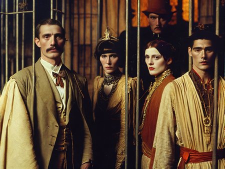 (a group of (white) western (caucasian) anthropophagic natives in formal clothing (exposed in a zoo cage) at the 1931 paris (colonial exposition)), masterpiece, photo ,  pathe film,  ((epic)), ((((cinematic)))), dark fantasy, ultra realistic highly detailed intricate photorealistic analog style photograph, lansdcape, colossal, the end of the world,  sharp focus on eyes, (looking at the camera), dramatic lighting, by Jeffrey Catherine Jones and  by Louise Catherine Breslau and by alphonse mucha and by egon schiele