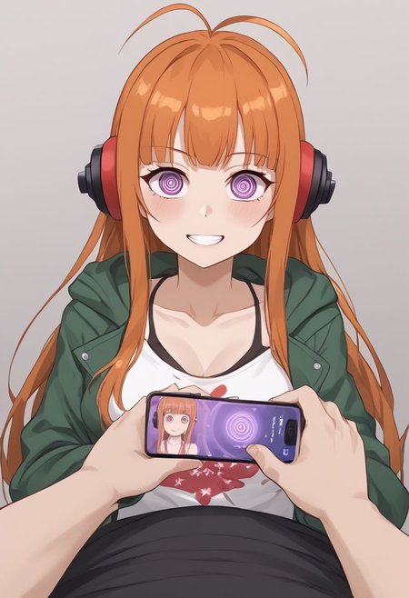 Futaba hypnotized, 
score_9, source anime, lewd, 1girl,
mind control, (hypnotized), spiral eyes, expressionless, slightly drooling, happy trance,
boobheart, heart hands Press own breast, (mind control phone app), looking at phone, pov, pov holding phone,
futaba sakura, orange hair, long hair, purple eyes, ahoge, behind-the-head headphones, green jacket,