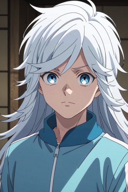 score_9, score_8_up, score_7_up, , rating_safe, intricate details, anime screencap, , , looking at viewer, , 1boy, solo, male focus, <lora:akira_kemono_jihen_pony:0.76>, akira_kemono_jihen, white hair, blue eyes, long hair, bangs, , sweatshirt,, <lora:sdxl_lightning_8step_lora:1>