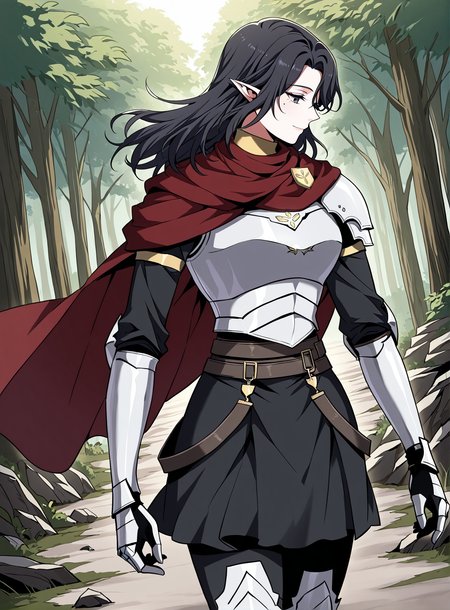 <lora:Aya_Grephin__The_Beginning_After_the_End__Illustrious:1>
1 girl, solo, female elf, medium length black hair, pointed ears, mole under left eye, black eyes, 
dark red cape, red scarf, golden crest, white chest armor, silver gauntlets, armored gloves, black undershirt, dark skirt armor, waist belts, thigh armor, armored boots, cloak fluttering, fantasy knight outfit, fantasy style
score_9, score_8_up, score_7_up, very aesthetic, source_anime, detailed, high quality, beautiful, masterpiece, detailed eyes, forest, tree, ruins, cowboy shot, dynamic angle, upper body, light smile, dynamic pose
