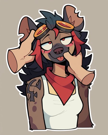score_9_up, score_8_up, score_7_up, score_6_up, by remanedur, half-length portrait, black hair, red highlights, multicolored hair, medium breasts, furry female, red eyes, female, furry, hyena, looking up, happy, blush, smile white tank top, shoulder tattoo, long hair, markings, red neckerchief, shorts, midriff, tail, brown body, solo, narrowed eyes, disembodied hand, petting, petting head, head pat, blep, tongue out,  goggles on head, smile, notched ear,  three-quarter view, head tilt, simple background, white outline, <lora:Leah_Pines(AIM)_XL_v1:0.15> <lora:PDXL_artist_tags_v2_big:0.5> <lora:The-Minuscule-Task_PDXL_v1.0:0.6>  <lora:Robin_zorronine:0.55>
