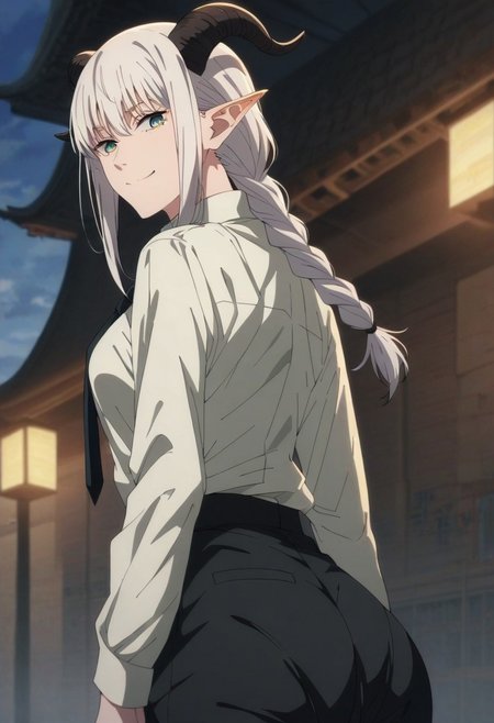 score_9, score_8_up, score_7_up, BREAK 1girl, solo, MiavtSDXL, short hair, blue eyes, hair between eyes, medium breasts, ponytail,  (white hair:1.1), ((white hair)) ((black horns)), pointy ears, goat horns, double pigtail, BREAK  makima_v1, 1girl,  ringed eyes, braided ponytail, solo, black necktie, shirt, collared shirt, black_pants, break temple, city, japan - 1girl, mak1ma0, long braid, ringed eyes, ((blue eyes)), ((big ass)) ((from rear)) ((from below)), looking down at viewer, smug smile, large ass, blue eyes