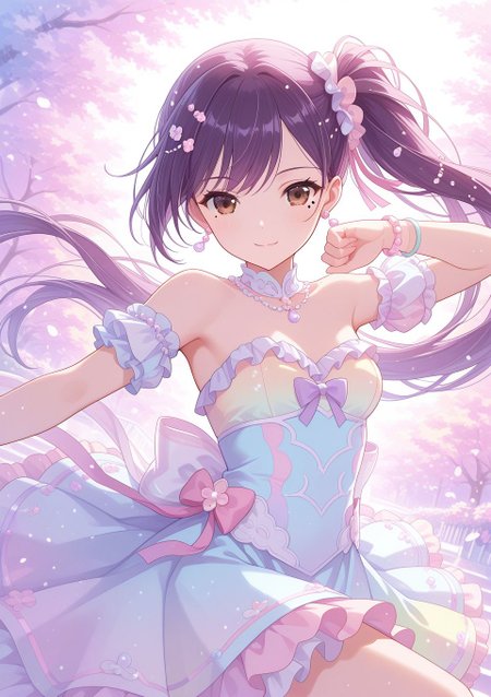 <lora:Liu_IL:1>, purple hair, long hair, side ponytail, bangs, brown eyes, hair ornament, ribbon, mole, mole under eye, jewelry, dress, purple hair, earrings, bracelet, breasts, hair ornament, strapless, scrunchie, frills, strapless dress,, 
(pastel colors,colorful:1.4), BREAK
masterpiece, best quality, amazing quality, very aesthetic, absurdres, newest, 
 <lora:Eyes_High_Definition:0.6>, eyesHD, high gradient eyes, detailed eyes, high definition eyes, 
<lora:LECO_Particles:1>, 
BREAK, general, dutch angle, oblique view, light smile, dynamic pose,