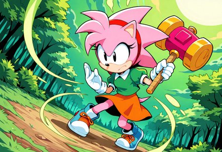 masterpiece, best quality, amazing quality, dynamic angle, dutch angle, abstract background, BREAK, ClassicAmyRose, 1girl, sonic the hedgehog, pink spiky hair, pink fur, peach muzzle, large black eyes, red headband, green, short puffy sleeved shirt, white collar, orange skirt, white gloves, blue shoes, orange shoelaces, short body, Holding Piko Hammer, Forest Background, Fight Stance,