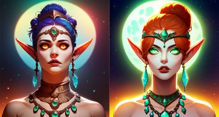 score_9, score_8_up, score_7_up, score_6_up, score_5_up, score_4_up, rating_safe, fantasy, depth of field, magical influences, realistic, mysterious color scheme, detailed and dynamic background, a (cultist1.2) in their twenties, is walking in outer space, <lora:EnvyZoomSliderXL01:0.5> <lora:Anime Style 2 SDXL_LoRA_Pony Diffusion V6 XL:0.8> <lora:Dungeon_Party:0.6> humanoid, (jewellery:1.0), detailed eyes,|score_9, score_8_up, score_7_up, score_6_up, score_5_up, score_4_up, rating_safe, 1girl, solo, looking_at_viewer, short_hair, bare_shoulders, jewelry, blue_hair, collarbone, upper_body, earrings, parted_lips, pointy_ears, artist_name, necklace, hair_bun, lips, orange_eyes, makeup, glowing, moon, tiara, lipstick, elf, gem, portrait, glowing_eyes, full_moon, backlighting, freckles, circlet, red_lips, body_freckles, The image portrays a woman with striking blue and orange hair, which is styled in a way that gives her a unique appearance. Her eyes are a striking shade of blue, and she has a serious expression on her face. Her hair is styled in a way that gives her a unique look, and she is wearing a headpiece that is adorned with blue and green gemstones. The gemstones are arranged in a way that they form a circle around her headpiece, adding a touch of mystique to her appearance. The woman is wearing a necklace that is quite elaborate. It is made of blue and green stones, and it is adorned with multiple pieces of jewelry. The necklace is quite large, and it is positioned around her neck, covering a significant portion of it. The necklace is also adorned with a necklace chain that is quite long, extending from her neck down to her waist. The woman is also wearing a pair of earrings, which are quite large and are positioned on her ears. The earrings are made of blue and green stones, and they are quite large, covering a significant portion of her ears. In the background, there is a large moon that is illuminated by the light of the moon. The moon is positioned in the top left corner of the image, and it