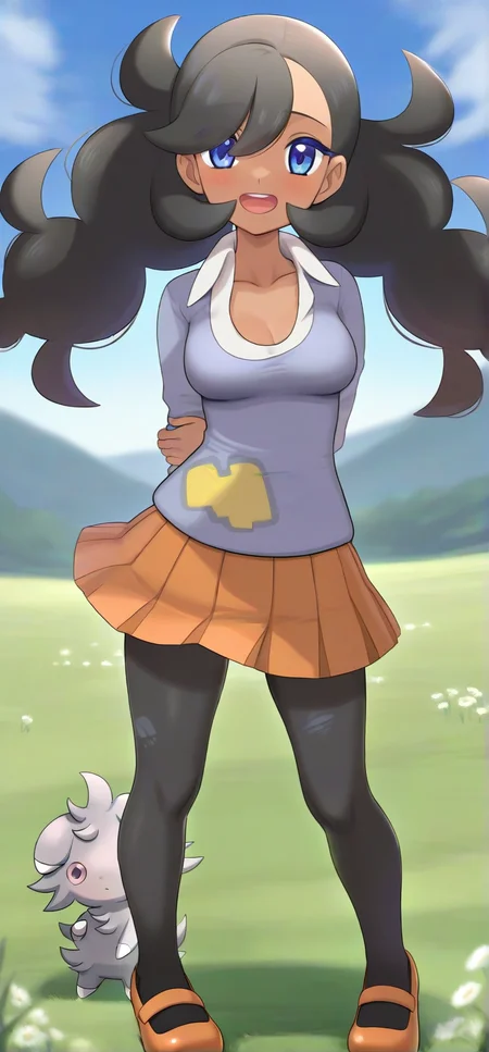 [[hinosaki]], 2d, masterpiece, best quality, amazing quality, 1girl, solo, close-up, standing, open mouth, smile, full body, looking at viewer, meadow, day, ,pkemma, emma \(pokemon\), dark-skinned female, blue eyes, low twintails, bangs, black hair, long hair, blue sweater, [[yellow patch]], white shirt, collared shirt, orange pleated skirt, black pantyhose, torn pantyhose, mary janes, orange footwear, espurr