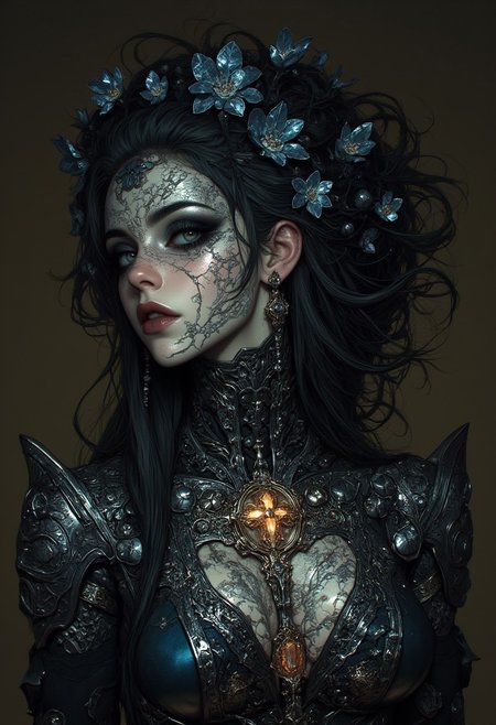 Silver statue of a woman, her skin composed of delicate, textured silver flakes, with chrome and glass flowers intricately woven into her hair, her eyes gleaming with a warm, bluish light, wearing a majestic, windy-blown ornate gown with tattered, silver petals, reminiscent of a dark, dystopian world, her face and shoulders illuminated by a soft, ambient glow, as if radiating an otherworldly energy, The backdrop is a very dark. In the styles of Royo's dark, mystical realism, Artgerm's hyper-detailed, metallic sheen, and Lovecraft's eerie, atmospheric tension, with meticulous attention to intricate textures, dramatic shading, and a sense of haunting, ethereal beauty.