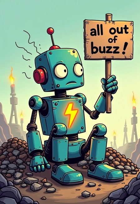 A cartoon styled drawing of a very sad, lonely robot. 
The robot sits alone on a scrap heap in a junk pile. The robots limbs are rusted and worn. Electricity crackles. A lighting bolt symbol, the buzz symbol is a dim light on the robots chest. The robot holds a cardboard sign, (text: “all out of buzz”)