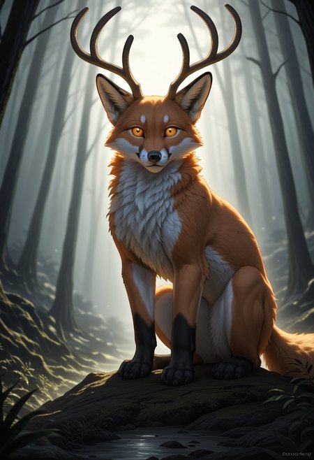 (masterpiece), best quality, Anime, Gold and White Theme, (Ancient Runes, Glowing Runes, Light Refraction), Symphtia-Style, Zyrnox-Exoterra Style, (anthropomorphic fox, furry, fox), deer antlers, large antlers, mystical patterns, dark fantasy character, rugged appearance, majestic primal look, gritty art style, 2.5D art, dark fantasy style, cinematic lighting, moody atmosphere, detailed fur texture, highly detailed, sharp focus, shadowy forest, misty atmosphere, bioluminescent glow, dark forest background, dim lighting, haunting aesthetic