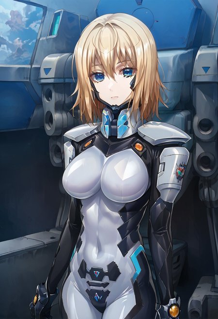score_9, score_8_up, score_7_up, source_anime, olivia, blonde hair, medium hair, blue eyes, bluetype99fortifiedsuit, (white fortified suit), pilot suit, (white armored bodysuit), impossible bodysuit, skin tight, (white bodysuit), shiny clothes, chin guard, headgear, looking at viewer, solo, large breasts,
