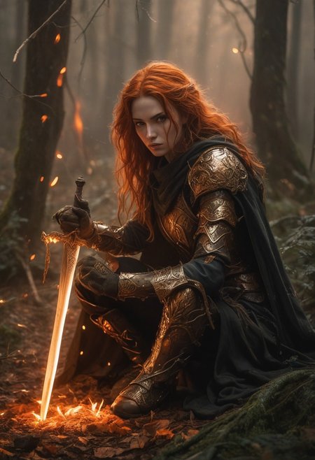 A dramatic shot unfolds: a fierce female warrior crouches low, sword in hand, ablaze with fiery orange light that accentuates golden designs. Her rugged expression and red tousled hair flow freely amidst metallic armor and dark cloak. Twilight forest looms, shrouded in misty veil, with glowing embers casting an ethereal glow on the earthy tones of browns, oranges, and golds. Dark greens and grays of the forest contrast, conjuring a mystical, intense atmosphere.