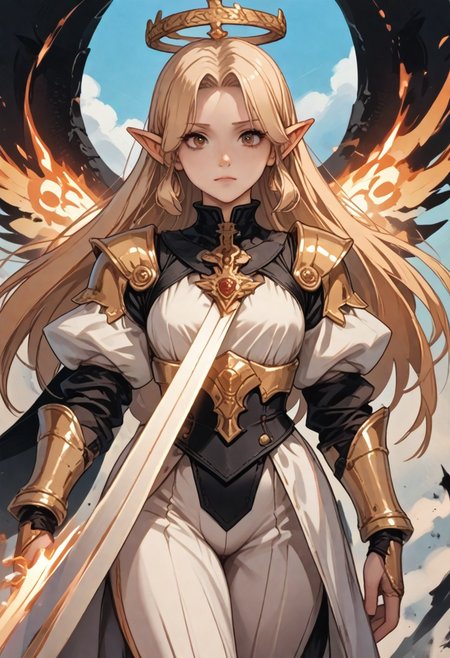 This high-quality digital artwork depicts a fierce, armored female warrior angel with long, flowing golden hair, holding an intricate glowing, ruined yellow long sword. She has large, black wings and is clad in intricately designed, dark metal armor that covers her torso and arms. Her expression is determined and powerful. The background features a sky high dark tower with a bizarre and horrifying architecture. The camera angle is low, looking up at the female warrior angel, emphasizing her imposing presence. The depth of field is shallow, keeping her in sharp focus while the background is slightly blurred. The overall aesthetic quality is very high, showcasing excellent use of lighting and composition.