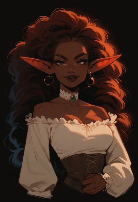score_9, score_8_up, score_7_up, solo, brown hair,  (big lips:0.8), smirk, freckles, skinny, dark skin, dark lips, medium breasts, dark background, elf, cute, clothed,  curly hair, full body, big hair, thin, bursting breasts