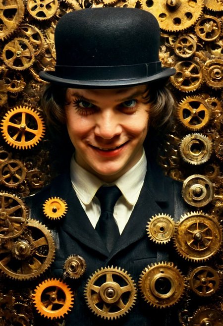close up photo, In a futuristic dystopian Britain a clockwork orange of roast gears poster with a creep man in a bowler hat, solo, looking at viewer, smile, black hair, 1boy, hat, yellow eyes, upper body ,male focus, grin, black headwear, copyright name, glowing, evil smile, fedora, cinematic, film, kodak, Clockwork Orange film style, background made of roast gears, dramatic lighting, action scene drill straight into the camera, extricate details