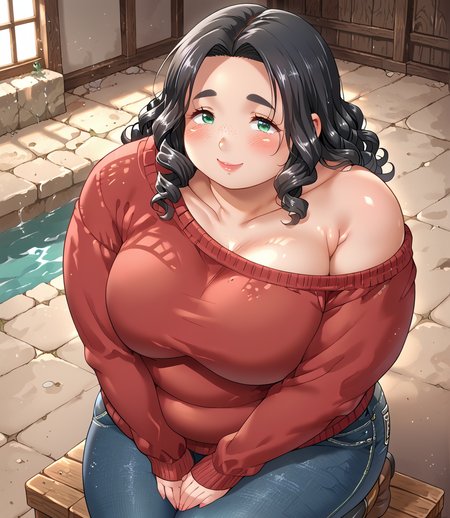 PonyScores7, source_anime, ah1, BREAK 1girl, (curly hair), long hair, (black hair:1.3), mature female, (parted hair:1.7), (round face:1.2), (thick eyebrows), (curvy), round-chin, (greenish hazel eyes), caucasian, (downturned eyes:1.2), (plump face), <lora:ETO_OCPonyXL:0.5> eto_oc, skindentation, (plump), thick thighs, wide hips, busty, voluptuous, kinky curls, lips, <lora:venus body PonyXL:0.4>,  (shy, blush, smile, friendly), (Resting on a boulder, looking out into the distance with a sense of wonder), (Peachy Pink maroon off-shoulder sweater with dark wash jeans and over-the-knee boots), BREAK <lora:xl_more_art-full_v1:0.2>, <lora:shinyskin2:0.2> glistening skin, <lora:aesthetic_anime_v1s:0.2>, <lora:Expressive_H:0.2> Expressiveh, <lora:hairdetailpxl:0.2> hairdetailpxl, <lora:EpicF4nta5yXL:0.2>, <lora:detailxl:0.2> detailxl, <lora:Fant5yP0ny:0.2>, best quality, amazing quality, best aesthetic, absurdres, <lora:expressive eyes:0.2> expressive eyes, <lora:eyedetailpxl:0.2> eyedetailpxl, illustration, Volumetric_Lighting, ultra-detailed, very aesthetic, intricate details, 8k, masterpiece, best_quality, BREAK (High Angle view medium Close shot), BREAK <lora:Eyes_High_Definition:0.3> EyesHD, Stable_Yogis_PDXL_Positives, AS-Adult, <lora:Complicated fantasy portrait - XL Pony V2.0:0.4>, bad-hands-5, <lora:takeyama_shimeji_style:0.8> <lora:Akina_Bbw_Style_-_PonyXL:0.5> AkinBw