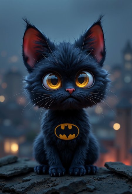 A cute, fluffy black cartoon cat  with large, expressive eyes and a serious expression, sitting on a roof top at night ,. The creature has large, wearing a batman mask, looking serious, Dutch angel, pointed ears and wild, spiky fur. It is wearing a small Batman logo on its chest."