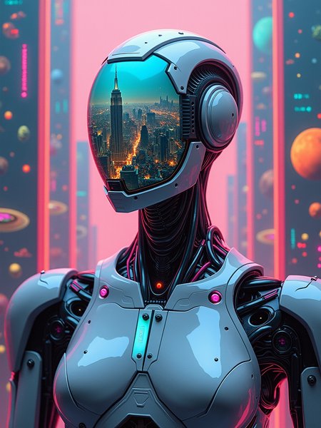The painting is created in a highly detailed sci-fi fantasy style.  The brushstrokes are smooth and precise, bringing out the sleekness and complexity of the robot.  The colors are vivid and rich, with a blend of metallic hues and neon accents.  The texture is a combination of smooth surfaces and intricate patterns.
Scene Description: In the center of the painting stands a majestic robot, its body a combination of gleaming metal and advanced technology.  The robot's upper body is in a half-portrait view, facing directly forward.  Its face is a transparent reflective visor that shows a complex and magnificent future city.  The city is filled with towering skyscrapers, flying vehicles, and colorful lights.  The robot's body is adorned with intricate designs and symbols, hinting at its advanced capabilities.  The background is a series of strip-like panels that seem like reflective glass, each one showing a different fantastical scene.  Some panels display alien landscapes, others show space battles, and still others show strange technological wonders.
Composition: The robot is centered in the frame, commanding attention.  The reflective visor draws the viewer's eye, leading them to explore the details of the future city within.  The strip-like panels in the background create a sense of depth and complexity, adding to the overall sci-fi atmosphere.  The composition is balanced and harmonious, with the different elements working together to create a captivating scene.
Color Palette: The colors are a mix of cool blues, purples, and silvers for the robot's body, with accents of neon pink, green, and orange for the future city and background panels.  The reflective visor has a rainbow of colors, reflecting the vividness of the scenes it shows.
Light and Shadow: Soft, diffused light bathes the robot and the background, creating a gentle glow.  Shadows are subtle, adding depth without overpowering the colors.  The reflective surfaces of the robot and the panels catch the light, creating a play of light and shadow that enhances the three-dimensional effect.
Detail: Every aspect of the painting is filled with intricate details.  The robot's body is covered in fine lines and patterns, with every bolt and panel clearly defined.  The reflective visor shows a detailed cityscape with tiny buildings, vehicles, and people.  The background panels are filled with complex scenes, each one with its own unique elements and colors.