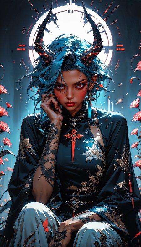 score_9, score_8_up, score_7_up, score_6_up, score_5_up, score_4_up,  source_anime, Best quality, neon light, a beautiful girl wearing intricate detailed black kimono holding an iridescence glowing katana, made of liquid metal, in a fantasy art style, with long dark blue hair, sitting on the ground covered in bioluminescence floral, with a highly detailed face and beautiful eyes  <lora:Expressive_H-000001:0.6>, expressiveH <lora:g0th1cPXL:0.4> <lora:incase_style_v3-1_ponyxl_ilff:0.3> <lora:sinfully_stylish_SDXL:0.4>