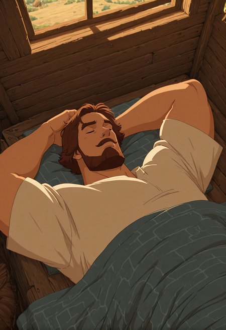 anime artwork concept art (masterpiece,best quality,amazing quality,absurdres), muscular, slavic theme, 
<lora:iluha:0.8> iluha, 1boy, male focus, beard, brown hair, solo, facial hair, mustache, short hair, thick eyebrows, white shirt,
 <lora:NOOB_vp1_detailer_by_volnovik_v1:1> <lora:illustrious_quality_modifiers_masterpieces_v1:1>  <lora:illustrious_h_v2:0.5> <lora:DarkerThanBlackIllustrious:0.7> (lying :1.2), under a blanket, eyes closed, village, sun, wooden window, wooden hut, from above,  . digital artwork, illustrative, painterly, matte painting, highly detailed . anime style, vibrant, studio anime, highly detailed