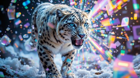 Snow Leopard lunging through a window pane of pure rainbow-prismatic-light that shatters and scatters rainbow-prismatic-light shards as if the light was  made of glass. the texture of the lepords eyes is similar to a glowing-blue-white transparent aerogel. The dynamic high-energy composition's mediums are a mix of photography, graphic design, and painterly digital illustration.