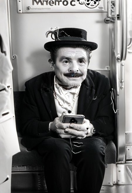 (((black and white, legsonthetra1n, from front, sitting across from viewer, train interior, holding phone, leg focus))),((small man with mustache, top hat, kenbis, chibi, chibi, male only, male, male chibi, monocle, art deco, thick mustache, comically large mustache, handlebar mustache, tiny, multiple men, shrunk, microxl, some little guys,  high angle, from above)), bwMovies, realistic, photo, vintage photo, ((very small man, small man, a small man, a man who is small, a small man)), an unapologetically small human male, black and white, smiling, very happy, euphoric, ecstatic, wonderful small men, large smile, huge smile