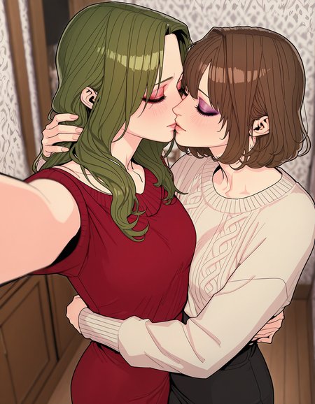 masterpiece, best quality,high quality, newest, highres,absurdres,<lora:Zinc_Park_style:1>, Zinc_Park_illu, 2girls, yuri, brown hair, kiss, sweater, dress, closed eyes, hug, red dress, long hair, green hair, short hair, blurry background, blurry, makeup,depth of field, foreshortening,