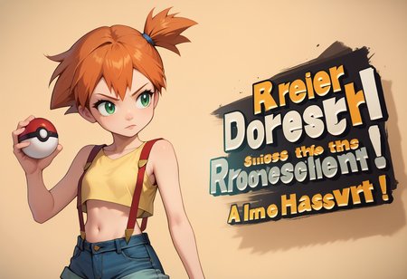score_9, score_8_up, score_7_up BREAK  <lora:SSBUSplashArt_XLPD_1:1.4> SSBUSplashArt, english text <lora:EPpkMistyPDXL:0.8> EPpkMisty, holding pokeball, orange hair, short hair, side ponytail, green eyes, bare arms, suspenders, navel, midriff, yellow shirt, collarbone, crop top, sleeveless shirt, denim shorts,