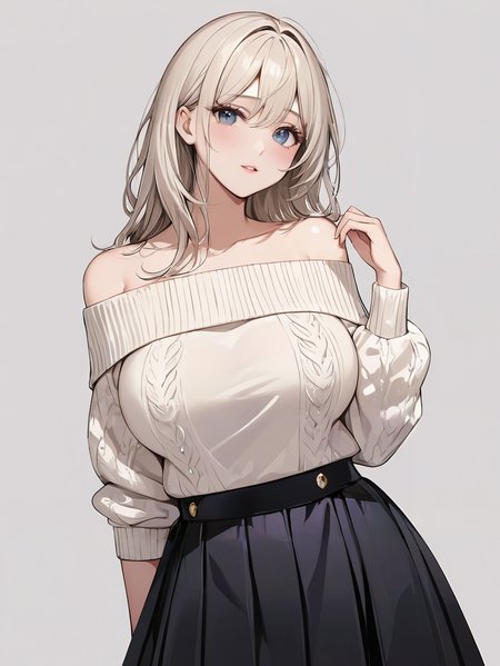 masterpiece,ultra-detailed,best quality,8K,illustration,cute face,clean skin ,shiny hair,girl,ultra-detailed-eyes,simple background, <lora:add-detail-xl:1> <lora:off shoulder sweater_XL_V1.0:0.8> off-shoulder sweater,skirt,big breasts