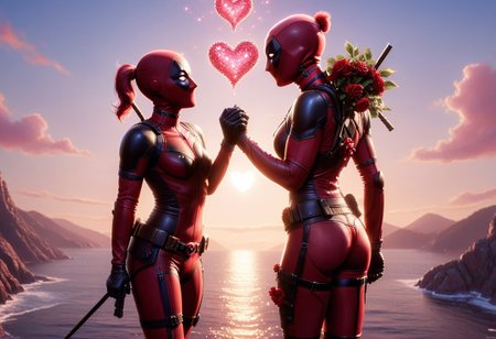 a highly detailed digital pastel painting of ((lady deadpool proposing to lady deadpool, ral-vltne style, hearts in the air, love)), sexy, cute butt, mid shot, sunlight reflecting, close-up, intricate, volumetric lighting, masterpiece, best quality