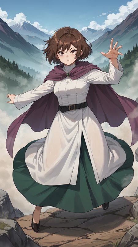 score_9,score_8_up,score_7_up,score_6_up, <lora:xl_more_art-full_v1:0.5>, source_anime, girl, dynamic pose, legs apart, <lora:Ehre - Pony:0.8>, short hair, brown hair, brown eyes, white dress, white robe, long sleeves, purple cape, black belt, green skirt, long skirt, horizon, mountainous horizon, rolling hills, fog, mist,