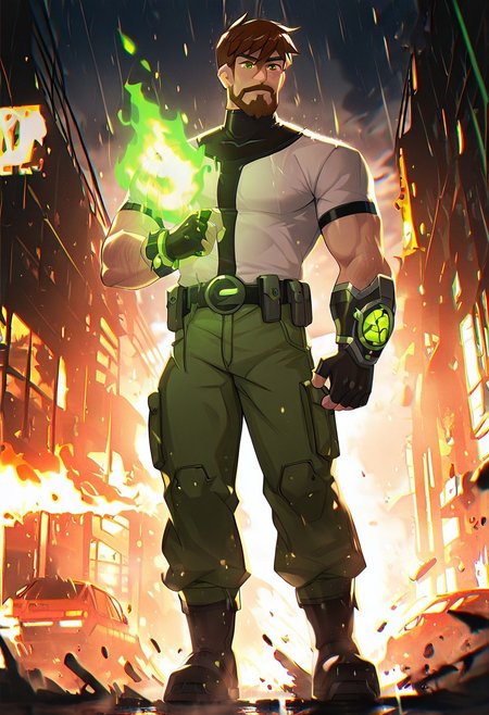 masterpiece, best quality, amazing quality, very aesthetic, absurdres, newest,,
  ben10k, brown hair, male focus, facial hair, beard, short hair, mustache, mature male, muscular, green eyes, white shirt, green cargo pants, black boots, utility belt, turtle neck,  full facial hair,, two-tone hair, black gauntlet on right arm, fingerless gloves, 
raining city, car on fire in the background, glowing watch, green glow, fire everywhere, destroyed city,