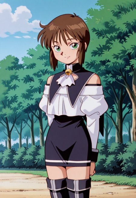 official art,  masterpiece, best quality, absurdres, very aesthetic, 1girl, female focus, solo, AWGXS, anime screenshot, retro artstyle,1990s (style), cel animation, 1girl, female focus, solo,  Natsumi_SN1, green eyes, brown hair, short hair, bangs, sidelocks, short hair with long locks, capelet, neck bell, ascot, off-shoulder shirt, bare shoulders, juliet sleeves, long sleeves,  sleeve cuffs, circle skirt, fold-over boots, thigh boots, zettai ryouiki, cowboy shot, outdoors, fantasy village background, looking at viewer, smile