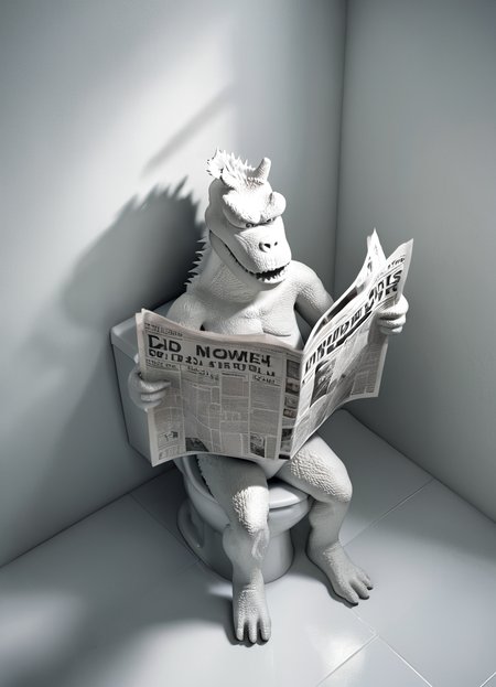 godzilla, reading newspaper on the toilet, 3d, render, white, 3d shadows, abstract, from above,
 <lora:3DPrintingXL:0.8> WhiteMold,