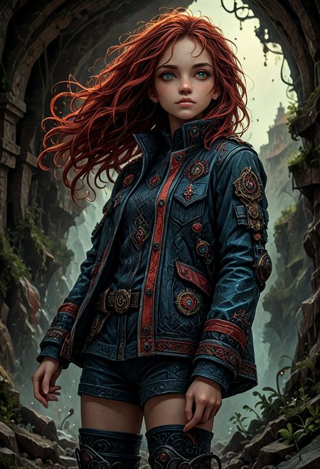 1girl, side view, she is Nausica of the Valley of the Wind, solo, masterpiece, absurdres, best quality, (colorful), cinematic lighting, realistic, dynamic pose, extremely detailed, head turned to look at viewer, red hair, beautiful detailed face,(intricate detailed blue short military jacket with gold inlaid, short miniskirt, military black boots),  stands alone on top of a crag among the mountains with a deep valley below, there are big stone windmills down in the valley with their blades turning in the strong wind, solo, masterpiece, absurdres,  dynamic pose, the Sun shines over her, sun rays in her hair,subsurface scattering, remarkable color, ultra realistic, textured skin, remarkable detailed pupils, realistic dull skin noise, visible skin detail, skin fuzz, dry skin, bokeh, sharp focus on subject. perfect eyes, detailed eyes, no headgear,extremely detailed, looking at viewer, beautiful detailed face, subsurface scattering, remarkable color, ultra realistic, textured skin, remarkable detailed pupils, realistic dull skin noise, visible skin detail, skin fuzz, dry skin, bokeh, sharp focus on subject. perfect eyes, detailed eyes,