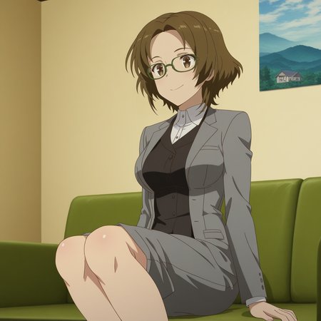 Rui Onda, toji no miko style, 1girl, solo, short hair, brown hair, brown eyes, medium breasts, green-framed eyewear, jacket, black vest, collared shirt, grey suit, brown shoes, sitting on couch, looking forward, happy, smile, legs together
BREAK
inside house
BREAK
anime screencap, anime coloring, anime colored background, detailed background, detailed face, shiny skin, shiny hair, absurdes, highres, dynamic pose, masterpiece, best quality, official art, cel shaded, graphic illustration, digital painting, CGI, very detailed, amazing quality, intricate details, dynamic pose, HDR, UHD, 8K, Fineline illustration, Highly detailed, ultra-fine painting, sharp focus, Professional, Vivid Colors <lora:add-detail-xl:1> <lora:DetailedEyes_V3:1> <lora:Toji_no_miko_character_pack_Illustrious:1>