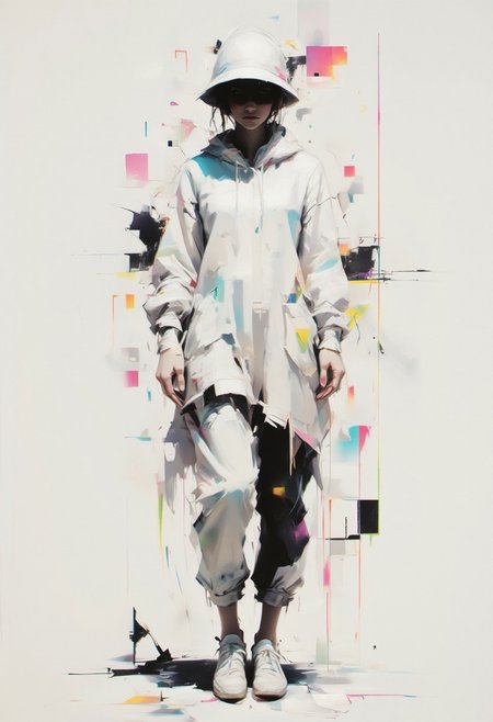 aidmaimageupgrader, female character in the center, minimalist composition, geometric patterns, glitchcore aesthetic, white space, worn textures, soft gradients, subtle digital distortion, muted neon accents, ethereal lighting, fragmented glitch effects, abstract shapes, delicate futuristic fashion, glowing holographic details, broken symmetry, faded digital artifacts, serene atmosphere, subdued color palette, glitching outlines, soft focus background, minimal futuristic setting, degraded glitch effects, dreamlike ambiance, quiet elegance,pscho_4rt