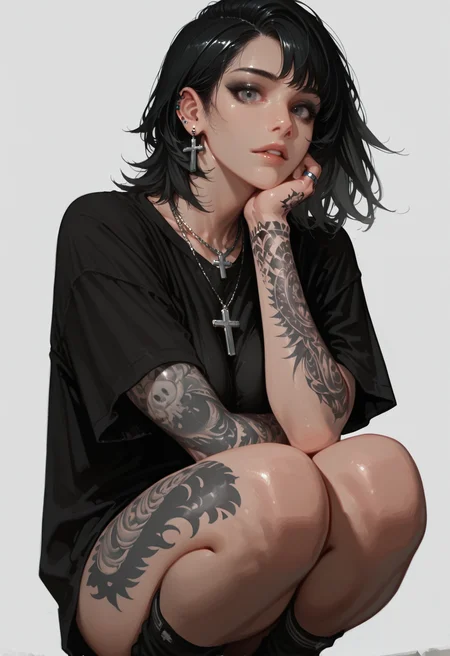 1girl, solo, tattoo, jewelry, , earrings, black hair, shirt, squatting, arm tattoo, leg tattoo, cross earrings, simple background, black shirt, looking at viewer, ring, parted lips, medium hair, short sleeves, grey background, necklace, t-shirt, white background, short hair, black eyes, socks, makeup, hand on own chin, cross necklace, hand tattoo, grey eyes, naked shirt, bottomless, oversized clothes,, masterwork, masterpiece, best quality, dynamic lighting , dynamic pose,,  dynamic angle, , , (realistic:1.2), (lineless:1.2), detailed, <lora:Detailer_NoobAI_Incrs_v1:1>, , aged up, adult, depth of field, dynamic lighting, blurry, cheekbones,