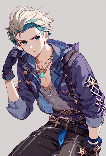 Score_9, score_8_up, score_7_up, Genshin Impact Style, source_anime, fishing dock, 1man, solo, 
Older man, platinum blonde hair, purple cloth on forehead, short hair, blue eyes, serious, collared indigo shirt, chest pockets, lavender jacket, black leather belt, indigo gloves, baggy work pants, fishing boots, net sack, braided necklace